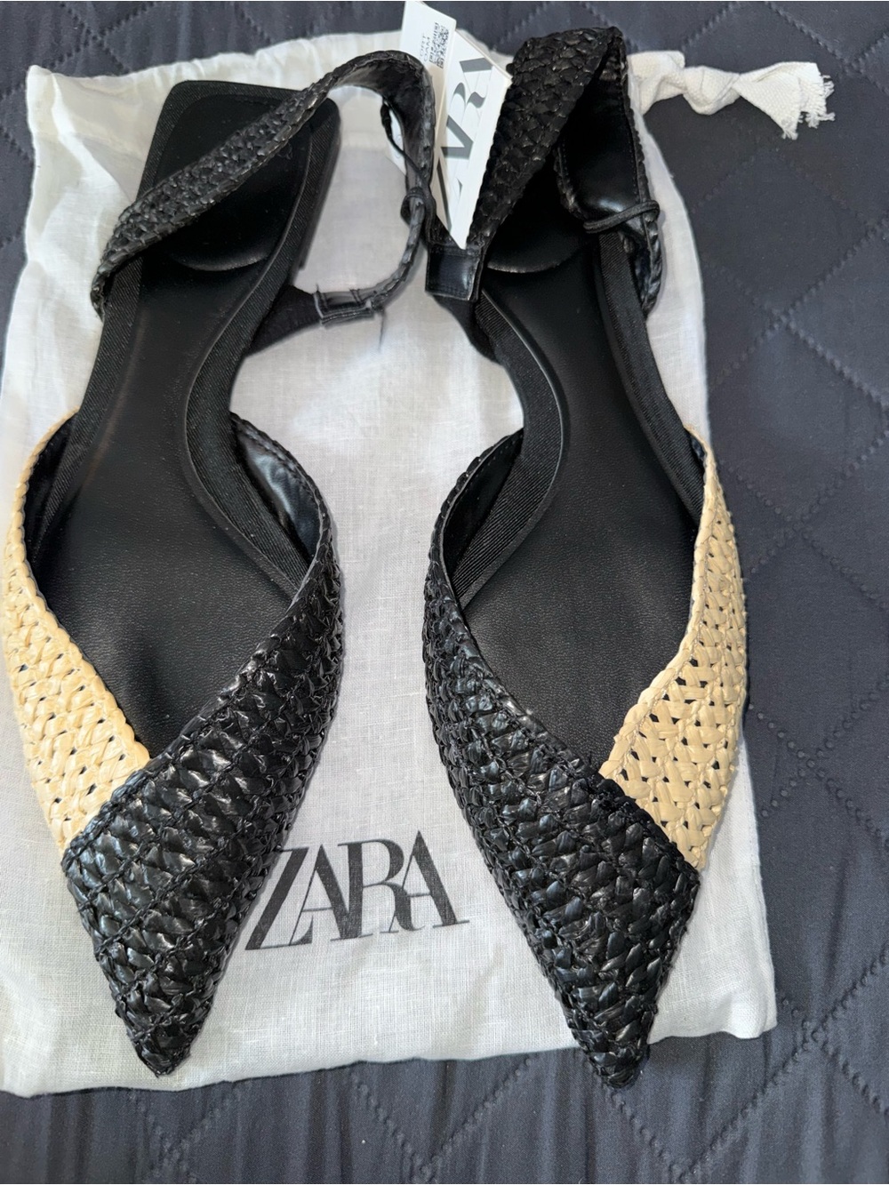 ZARA Black and Natural Woven Pointed Slingback Flats